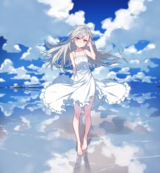 Rule 34 | 1girl, absurdres, barefoot, blue sky, blush, closed mouth, closers, cloud, cloudy sky, day, dress, floating hair, frilled dress, frills, full body, hand in own hair, hand up, highres, horizon, light smile, long hair, looking at viewer, red eyes, reflection, silver hair, sky, smile, solo, standing, sundress, supernew, tina (closers), white dress