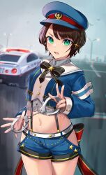 Rule 34 | 1girl, absurdres, almico, angry, armband, back bow, black bow, black bowtie, black panties, blue jacket, blue shorts, bow, bowtie, braid, brooch, brown hair, buttons, car, cowboy shot, cropped jacket, cropped shirt, cuffs, french braid, green eyes, grey shirt, groin, hair ornament, hairclip, handcuffs, hat, high collar, highres, hip vent, holding, holding handcuffs, hololive, jacket, jewelry, lace, lace-trimmed panties, lace trim, large bow, long sleeves, looking at viewer, lowleg, lowleg shorts, midriff, motor vehicle, navel, official alternate costume, oozora subaru, oozora subaru (work), open mouth, panties, panty peek, pinstripe pattern, pinstripe shirt, police, police car, police hat, shirt, short hair, short shorts, shorts, side braid, sleeve cuffs, sleeveless, sleeveless shirt, solo, star (symbol), star brooch, star hair ornament, striped clothes, striped shirt, suspenders, swept bangs, underwear, v-shaped eyebrows, vertical-striped clothes, vertical-striped shirt, virtual youtuber
