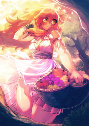 Rule 34 | 1girl, armlet, backlighting, basket, blush, bracelet, breasts, cleavage, commentary, dress, english commentary, flower, food, freckles, fruit, fruit basket, hair flower, hair ornament, hibiscus, jewelry, koi drake, long hair, medium breasts, original, pink hair, smile, solo, sunset, thick thighs, thighs, white dress, wide hips, wind, yellow eyes