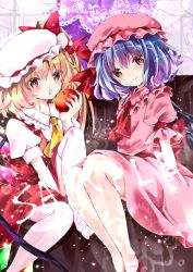 Rule 34 | 2girls, apple, blonde hair, blue hair, blush, bow, closed mouth, collared shirt, crystal, curtains, flandre scarlet, food, frilled shirt collar, frills, fruit, hair bow, hat, holding, holding food, long hair, mob cap, multiple girls, nanase nao, no shoes, one side up, parted lips, pink headwear, pink shirt, pink skirt, puffy short sleeves, puffy sleeves, red apple, red bow, red eyes, red footwear, red skirt, red vest, remilia scarlet, sample watermark, shirt, shoes, short sleeves, siblings, sisters, sitting, skirt, skirt set, smile, thighhighs, touhou, vest, watermark, white headwear, white legwear, white shirt, wings