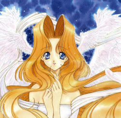 Rule 34 | 1990s (style), 1girl, angel flavor, artbook, bare shoulders, blonde hair, blue background, long hair, nanase aoi, retro artstyle, seraphim call, solo, wings