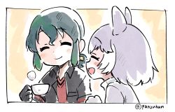 Rule 34 | 2girls, :d, ^ ^, animal ears, artist name, black gloves, black jacket, blouse, closed eyes, commentary request, cup, dog (shiba inu) (kemono friends), dog ears, closed eyes, facing another, gloves, green hair, grey hair, holding, holding cup, jacket, kaban (kemono friends), kemono friends, kemono friends 2, long hair, medium hair, multiple girls, open mouth, panzuban, red shirt, shirt, sketch, smile, twitter username