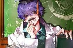 Rule 34 | 1boy, blue hair, blue nails, book, chalkboard, collared shirt, commentary, copyright name, english text, green shirt, grin, hair between eyes, hat, highres, holding mustache, kazanniro, lab coat, leviathan (obey me!), male focus, mortarboard, nail polish, necktie, obey me!: one master to rule them all!, orange eyes, purple necktie, shirt, short hair, signature, skull, smile, solo, teeth, upper body