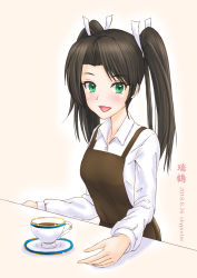 Rule 34 | 1girl, absurdres, apron, artist name, blush, brown hair, cup, dated, graphite (medium), green eyes, highres, kantai collection, long sleeves, mechanical pencil, pencil, ribbon, simple background, skypixter, solo, teacup, traditional media, twintails, white ribbon, zuikaku (kancolle)