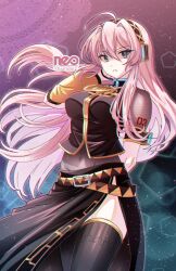 Rule 34 | 1girl, black dress, dress, green eyes, headphones, highres, looking at viewer, megurine luka, neo (neo 399), pink hair, signature, thighhighs, two-tone background, vocaloid, zettai ryouiki