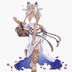 Rule 34 | 1girl, alternate costume, animal ears, armlet, ash (fire emblem), bare shoulders, basket, black horns, blunt bangs, bracelet, breasts, brown eyes, cleavage, closed mouth, commentary, cosplay, cow ears, cow horns, cow tail, dark-skinned female, dark skin, dress, ear piercing, english commentary, fire emblem, fire emblem heroes, flower, gladiator sandals, head wreath, heart, highres, holding, holding basket, horns, jewelry, juneplums, large breasts, long hair, looking at viewer, lucina (fire emblem), lucina (fire emblem) (cosplay), lucina (valentine) (fire emblem), nintendo, petals, piercing, sandals, simple background, sleeveless, sleeveless dress, smile, solo, tail, valentine, white background, white dress, white hair