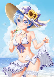 Rule 34 | 1girl, absurdres, bare shoulders, bikini, bikini skirt, blue bow, blue eyes, blue hair, blue nails, bow, bracelet, breasts, clothes lift, collarbone, commentary request, dated, flower, hair between eyes, hat, highres, holding, holding flower, jewelry, ken-san, large breasts, lifted by self, looking at viewer, nail polish, navel, necklace, ocean, re:zero kara hajimeru isekai seikatsu, rem (re:zero), short hair, skirt, skirt lift, smile, solo, sun hat, sunflower, swimsuit, thigh strap, water, white bikini, white bow