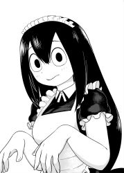 Rule 34 | 1girl, alternate costume, apron, asui tsuyu, black dress, boku no hero academia, commentary request, dress, enmaided, frilled apron, frills, greyscale, highres, long hair, low-tied long hair, maid, maid apron, maid headdress, monochrome, o den, solo, upper body, very long hair