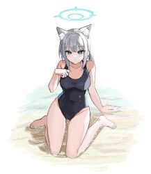 Rule 34 | 1girl, absurdres, animal ear fluff, animal ears, barefoot, blue archive, blue eyes, breasts, competition swimsuit, feet, full body, gawa1517025, grey hair, hair between eyes, halo, highres, legs, looking at viewer, medium breasts, mismatched pupils, one-piece swimsuit, parted lips, ponytail, shiroko (blue archive), shiroko (swimsuit) (blue archive), simple background, sitting, solo, swimsuit, toes, water, wet