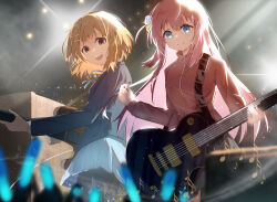 Rule 34 | 2girls, :d, absurdres, black pantyhose, blazer, blue eyes, blue jacket, blue ribbon, bocchi the rock!, brown eyes, brown hair, closed mouth, commentary, crossover, cube hair ornament, dated commentary, electric guitar, gotoh hitori, guitar, hair ornament, highres, hirasawa yui, holding, holding instrument, instrument, jacket, k-on!, long hair, looking at viewer, multiple girls, music, musical note, neck ribbon, one side up, open mouth, pantyhose, pink hair, pink jacket, pink track suit, playing instrument, pleated skirt, ribbon, riin (hanakza), sakuragaoka high school uniform, school uniform, short hair, skirt, smile, teeth, track jacket, upper teeth only
