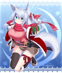 Rule 34 | 1girl, animal ear fluff, animal ears, black footwear, black socks, blue background, boots, bow, box, breasts, brown skirt, closed mouth, fox ears, fox tail, fringe trim, full body, fur-trimmed boots, fur-trimmed jacket, fur-trimmed sleeves, fur trim, gift, gift box, green eyes, hair between eyes, hair bow, hair ornament, hairclip, highres, holding, holding gift, holding sack, jacket, knee boots, kneehighs, long hair, long sleeves, looking at viewer, medium breasts, one side up, open clothes, open jacket, original, pink sweater, red bow, red jacket, red scarf, ribbed sweater, sack, scarf, sheath, sheathed, silver hair, single kneehigh, single sock, single thighhigh, skirt, smile, snowflake background, socks, solo, star (symbol), star hair ornament, surume aburi, sweater, sword, tail, thighhighs, thighhighs under boots, twitter username, very long hair, weapon