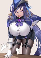 Rule 34 | 1girl, angry, bent over, blue hat, breasts, chushou jiang, clorinde (genshin impact), formal, genshin impact, hat, highres, huge breasts, leaning forward, looking at viewer, purple eyes, purple hair, suit