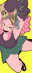 Rule 34 | 1girl, absurdres, armpits, black shirt, blouse, boku no hero academia, breasts, cleavage, eyewear on head, glasses, hatsume mei, highres, kogorooz, large breasts, legs, looking at viewer, no bra, open mouth, pink hair, shirt, shoes, skirt, smile, solo, symbol-shaped pupils, teeth, thighs, wrench, yellow eyes