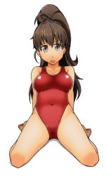 Rule 34 | 1girl, alto-00, arm support, brown eyes, brown hair, leaning back, long hair, one-piece swimsuit, ponytail, red one-piece swimsuit, solo, swimsuit, taneshima popura, working!!