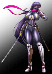 Rule 34 | 1girl, akiyama rinko, bodysuit, breasts, breasts squeezed together, cleavage cutout, clothing cutout, hanging breasts, highres, huge breasts, katana, long hair, looking at viewer, mask, mouth mask, nikozes, ponytail, purple scarf, revealing clothes, scarf, solo, sword, taimanin (series), taimanin rpgx, taimanin yukikaze, very long hair, weapon, wide hips