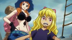 Rule 34 | 2girls, animated, animated gif, backpack, bag, bare shoulders, belt, bikini, bikini under clothes, black shirt, blonde hair, breasts, child, curvy, female focus, happy, hat, large breasts, long hair, low twintails, multiple girls, nami (one piece), navel, olga myskina, one piece, one piece heart of gold, open mouth, orange hair, ponytail, red eyes, ribbon, shirt, sky, smile, stomach, sunglasses, surprised, swimsuit, talking, thong, thong bikini, twintails, wide hips