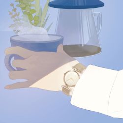 Rule 34 | bad id, bad twitter id, blue background, cup, hands up, highres, holding, holding cup, leaf, long sleeves, mu mashu, nordgreen, original, plant, simple background, steam, watch, wristwatch