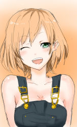 Rule 34 | 10s, 1girl, ;d, breasts, brown hair, cleavage, green eyes, large breasts, miyamori aoi, naked overalls, nick (anbandante), one eye closed, open mouth, overalls, shirobako, short hair, smile, solo, upper body