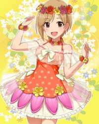 Rule 34 | 10s, 1girl, :d, aiba yumi, arm up, asymmetrical bangs, bare shoulders, bow, brown eyes, brown hair, character name, collarbone, cowboy shot, dress, eyelashes, floral print, flower wreath, head wreath, idolmaster, idolmaster cinderella girls, layered dress, looking at viewer, official art, open mouth, outline, see-through, short hair, smile, solo, standing, tareme, white bow, white outline, wristband