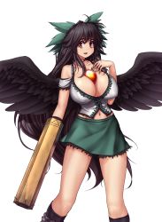 Rule 34 | 1girl, :d, arm cannon, bare shoulders, between breasts, black hair, black wings, bow, breasts, cleavage, collarbone, cowboy shot, covered erect nipples, feathered wings, green skirt, hair bow, hand on own chest, hater (hatater), highres, huge breasts, long hair, looking at viewer, midriff, miniskirt, navel, navel piercing, open mouth, piercing, puffy nipples, red eyes, reiuji utsuho, simple background, skirt, smile, solo, third eye, touhou, very long hair, weapon, white background, wings
