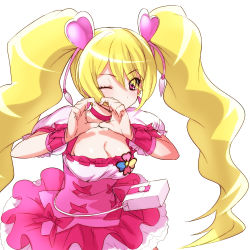 Rule 34 | 00s, 1girl, blonde hair, bow, breasts, choker, cleavage, cure peach, dress, earrings, eyelashes, fresh precure!, frilled dress, frills, hair ornament, heart, heart hair ornament, heart hands, jewelry, large breasts, long hair, magical girl, momozono love, naso4, one eye closed, pink bow, pink eyes, precure, puffy short sleeves, puffy sleeves, short sleeves, solo, twintails, very long hair, white background, wink, wrist cuffs
