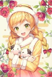 Rule 34 | 1girl, arms up, blonde hair, blush, bow, braid, branch, commentary, crossed arms, dot nose, english commentary, flower, flower request, fur-trimmed headwear, fur trim, green eyes, hair bow, hanbok, hat, highres, holding, holding stuffed toy, korean clothes, looking at viewer, medium hair, nengajou, new year, open mouth, original, pine (angel4195202), red bow, smile, solo, stuffed cow, stuffed toy, teeth, twin braids, upper body, upper teeth only, yellow background, yellow hat, yellow theme