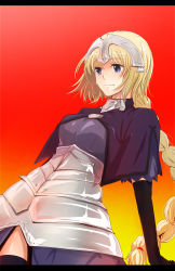 Rule 34 | 1girl, absurdres, akutoyo, armor, armored dress, black gloves, blonde hair, braid, capelet, dress, elbow gloves, fate/apocrypha, fate (series), gloves, headpiece, highres, jeanne d&#039;arc (fate), jeanne d&#039;arc (ruler) (fate), letterboxed, long hair, purple eyes, solo, thighhighs