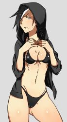 Rule 34 | 1girl, bikini, black bikini, black hair, black hood, blue eyes, breasts squeezed together, breasts, cleavage, cowboy shot, cross, cross necklace, gluteal fold, groin, hair over one eye, half-closed eyes, highres, hood, hoodie, jewelry, kamezaemon, multicolored hair, necklace, open clothes, open hoodie, original, short hair, simple background, small breasts, solo, sweat, swimsuit, two-tone hair, underboob, white hair