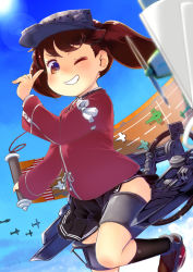 Rule 34 | 10s, 1girl, blush, brown eyes, brown hair, gigokku, grin, hat, highres, japanese clothes, kantai collection, long hair, looking at viewer, magatama, one eye closed, open mouth, ryuujou (kancolle), scroll, short hair, skirt, smile, solo, twintails, visor cap