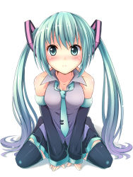 Rule 34 | 1girl, aqua eyes, aqua hair, aqua necktie, bad id, bad nicoseiga id, bare shoulders, bike shorts, blouse, blush, breasts, cleavage, collarbone, collared shirt, colorized, derivative work, detached sleeves, frown, grey shirt, hair ornament, hatsune miku, ichiroku, long hair, looking at viewer, miniskirt, necktie, neon trim, nyankichi, shirt, simple background, sitting, skirt, solo, split mouth, thighhighs, tie clip, twintails, v arms, very long hair, vocaloid, wariza, white background