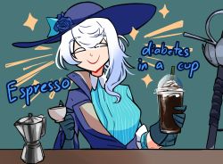 Rule 34 | 1girl, aqua background, aqua gloves, blue flower, blue hat, blue rose, blue shirt, breasts, centurii-chan (artist), closed eyes, closed mouth, coffee maker, commentary, cup, english commentary, english text, espresso (drink), flower, gloves, hat, hat flower, highres, holding, holding cup, large hat, long sleeves, medium breasts, medium hair, rapier, rapier-chan (centurii), rose, shirt, simple background, smile, solo, striped clothes, striped shirt, sword, upper body, weapon, white hair