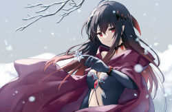 Rule 34 | 1girl, abyss soul lotus, akinomiya asuka, black gloves, black hair, breasts, cape, closed mouth, commentary request, elbow gloves, gloves, gradient hair, long hair, medium breasts, multicolored hair, orange hair, original, outdoors, red cape, red eyes, shokushin seira, smile, snowflakes, snowing, solo, touhou