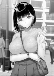 Rule 34 | 1boy, 2girls, arm under breasts, bag, between breasts, blurry, bob cut, breasts, closed mouth, depth of field, earrings, gentsuki, greyscale, hand up, handbag, highres, jewelry, large breasts, looking at viewer, monochrome, multiple girls, original, outdoors, pleated skirt, shirt tucked in, short hair, short sleeves, skirt, smile, solo focus, watch, waving, wristwatch