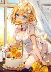 Rule 34 | 1girl, anklet, apron, blonde hair, blue eyes, blueberry, blush, bottle, breasts, cake, commentary, curtains, day, detached collar, eyelashes, flower, food, food in mouth, fruit, glint, grapes, hair ornament, hieihirai, highres, hololive, hololive english, indoors, jewelry, looking at viewer, mandarin orange, medium breasts, medium hair, milk bottle, mole, mole on breast, mouth hold, naked apron, necktie, orange (fruit), orange slice, red necktie, short necktie, solo, sunlight, virtual youtuber, watson amelia, white apron, window, yellow flower