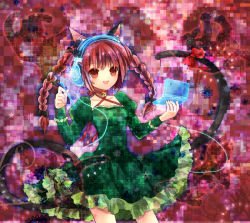Rule 34 | 1girl, animal ears, bell, braid, cat ears, cat girl, cat tail, choker, dress, female focus, green dress, handheld game console, headphones, jingle bell, kaenbyou rin, nintendo dsi, open mouth, red eyes, red hair, ribbon, smile, solo, tail, tail ornament, tail ribbon, torii sumi, touhou, twin braids