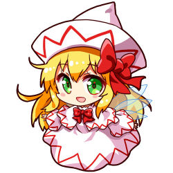 Rule 34 | 1girl, :d, blonde hair, blush stickers, bow, bowtie, capelet, chibi, dress, fairy, fairy wings, full body, green eyes, hair bow, hat, lily white, long hair, looking at viewer, lowres, open mouth, red bow, red bowtie, renren (ah renren), simple background, smile, solo, touhou, white background, white dress, white hat, wide sleeves, wings