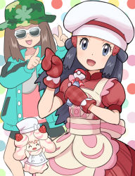 Rule 34 | 2girls, alcremie, alcremie (strawberry sweet), apron, bike shorts, black hair, brown hair, buttons, chef hat, collarbone, commentary request, creatures (company), dawn (palentine&#039;s 2021) (pokemon), dawn (pokemon), dress, eyelashes, game freak, gen 8 pokemon, green headwear, green jacket, grey eyes, hat, head tilt, holding, index finger raised, jacket, leaf (pokemon), leaf (sygna suit) (pokemon), long sleeves, looking at viewer, microphone, mittens, multiple girls, nintendo, official alternate costume, open mouth, pink shirt, pokemoa, pokemon, pokemon (creature), pokemon masters ex, polka dot, polka dot background, red dress, red mittens, shirt, short sleeves, smile, sunglasses, tongue