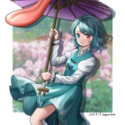 Rule 34 | 1girl, blue eyes, blue hair, blue skirt, blue vest, blurry, blurry background, character name, closed mouth, commentary request, cross-laced clothes, dated, flower, heterochromia, holding, holding umbrella, juliet sleeves, karakasa obake, kyabekko, long sleeves, looking at viewer, oil-paper umbrella, outdoors, puffy sleeves, purple umbrella, rain, red eyes, shirt, short hair, skirt, smile, solo, tatara kogasa, tongue, touhou, umbrella, variant set, vest, white shirt