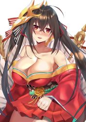 Rule 34 | 1girl, absurdres, ahoge, asymmetrical breasts, azur lane, bare shoulders, black hair, blush, breasts, cleavage, google (asdek18), hair between eyes, hair ornament, highres, huge breasts, japanese clothes, kimono, large breasts, long hair, looking at viewer, open mouth, red eyes, red kimono, simple background, smile, solo, taihou (azur lane), very long hair, white background