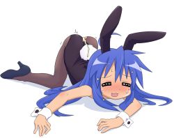 Rule 34 | 1girl, afterglow, aftersex, ass, bent over, blue hair, blush, cum, cum on ass, cum on body, cum on clothes, closed eyes, facing viewer, female focus, full body, izumi konata, long hair, lucky star, not call, pantyhose, playboy, rabbit ears, simple background, solo, sweat, torn clothes, very long hair