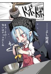 Rule 34 | 1girl, apron, bat wings, blue hair, blush, bowl, chocolate, comic, headwear request, noya makoto, open mouth, pointy ears, red eyes, remilia scarlet, ribbon, short hair, solo, sweat, tenugui, thermos, touhou, translation request, valentine, wings