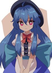 Rule 34 | 1girl, black headwear, blue hair, blue skirt, blush, center frills, closed mouth, commentary request, frills, highres, hinanawi tenshi, long hair, looking at viewer, plus2sf, red eyes, shirt, short sleeves, sidelocks, skirt, solo, touhou, v arms, white shirt