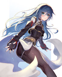 Rule 34 | 1girl, black pantyhose, blue eyes, blue hair, closed mouth, fingerless gloves, gloves, highres, long hair, looking at viewer, maria traydor, pantyhose, simple background, skirt, solo, star ocean, star ocean till the end of time, white background