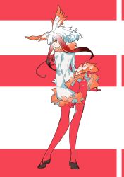 Rule 34 | 12cat, 1girl, arms at sides, ass, colored tips, frilled sleeves, frills, from behind, full body, fur-trimmed jacket, fur trim, gloves, head wings, highres, jacket, japanese crested ibis (kemono friends), kemono friends, kneepits, legs, looking at viewer, looking back, medium hair, miniskirt, multicolored hair, orange eyes, orange skirt, pantyhose, parted lips, plantar flexion, pleated skirt, pointing finger, red gloves, red pantyhose, red ribbon, ribbon, short hair with long locks, sidelocks, simple background, sketch, skirt, solo, spread wings, white hair, white jacket, wings
