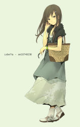 Rule 34 | bad id, bad pixiv id, bag, blush, brown eyes, brown hair, dress, full body, grey background, half-closed eyes, hand in own hair, handbag, highres, original, simple background, solo, song name, yoshito
