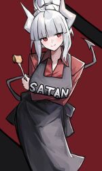 Rule 34 | 1girl, absurdres, apron, black apron, blunt bangs, breasts, closed mouth, collared shirt, commentary, crossed arms, demon girl, demon horns, demon tail, english commentary, facing viewer, helltaker, highres, holding, horns, large breasts, long sleeves, looking ahead, lucifer (helltaker), mole, mole under eye, red background, red eyes, red shirt, shiro wa (shiroshironix), shirt, short hair, sidelocks, smile, solo, tail, upper body, white horns