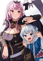 Rule 34 | 2girls, armpits, black nails, blue eyes, blue hair, blue jacket, blush, breasts, claw pose, cleavage, cleavage cutout, closed mouth, clothing cutout, commentary, fingernails, gawr gura, gawr gura (1st costume), hair ornament, highres, holding, holding scythe, hololive, hololive english, jacket, large breasts, long hair, looking at viewer, moonbell, mori calliope, mori calliope (1st costume), multicolored hair, multiple girls, nail polish, open mouth, pink eyes, pink hair, scythe, sharp teeth, simple background, smile, teeth, two-tone hair, veil, virtual youtuber, white background, white hair