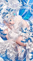 Rule 34 | 1girl, blue eyes, blue leaf, blue theme, braid, caterpillar, commentary request, curled up, dress, ear piercing, flower, hair flower, hair ornament, highres, lips, long hair, looking at viewer, lying, minami (minami373916), on side, original, parted lips, piercing, sideways glance, wedge heels, white dress, white hair