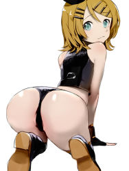 Rule 34 | 1girl, all fours, aqua eyes, ass, ass focus, bent over, bikkuuri ottamageruta, black footwear, black gloves, black panties, black star (module), blonde hair, closed mouth, crop top, fingerless gloves, from behind, gloves, gold trim, hair between eyes, hair ornament, hairclip, ass, kagamine rin, kneeling, kodoku no hate (vocaloid), looking at viewer, lowres, panties, parted bangs, partially visible vulva, photoshop (medium), project diva (series), sawashi (ur-sawasi), shiny skin, shoe soles, short hair, sideways glance, simple background, sleeveless, solo, swept bangs, thong, underwear, vocaloid, white background