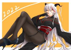 Rule 34 | 1girl, aegir (azur lane), alternate costume, artist name, ass, azur lane, black footwear, black gloves, black kimono, bodystocking, breasts, cleavage, cross, demon horns, full body, gloves, hair between eyes, hair on horn, high heels, highres, horns, iron cross, japanese clothes, kimono, large breasts, long hair, looking at viewer, pumps, pura 38, red hair, red sash, sash, shoes, solo, stiletto heels, thigh strap, very long hair, white hair, yellow background